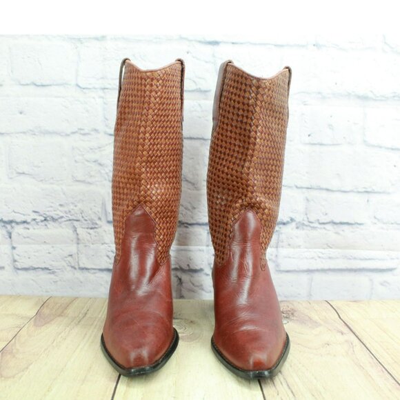 Vintage LL Bean Dingo Brown Braided Leather Western Pull-On Boots Size 6 M - Picture 4 of 10